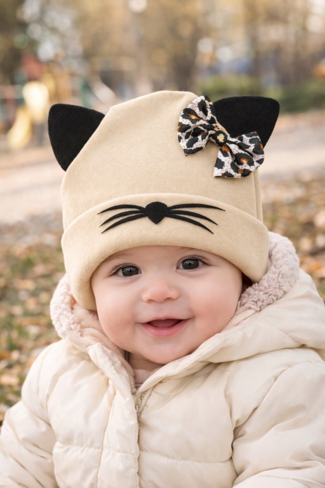 Kız Bebek Kedi Figürlü Leopar Fiyonklu Pamuklu Şapka
